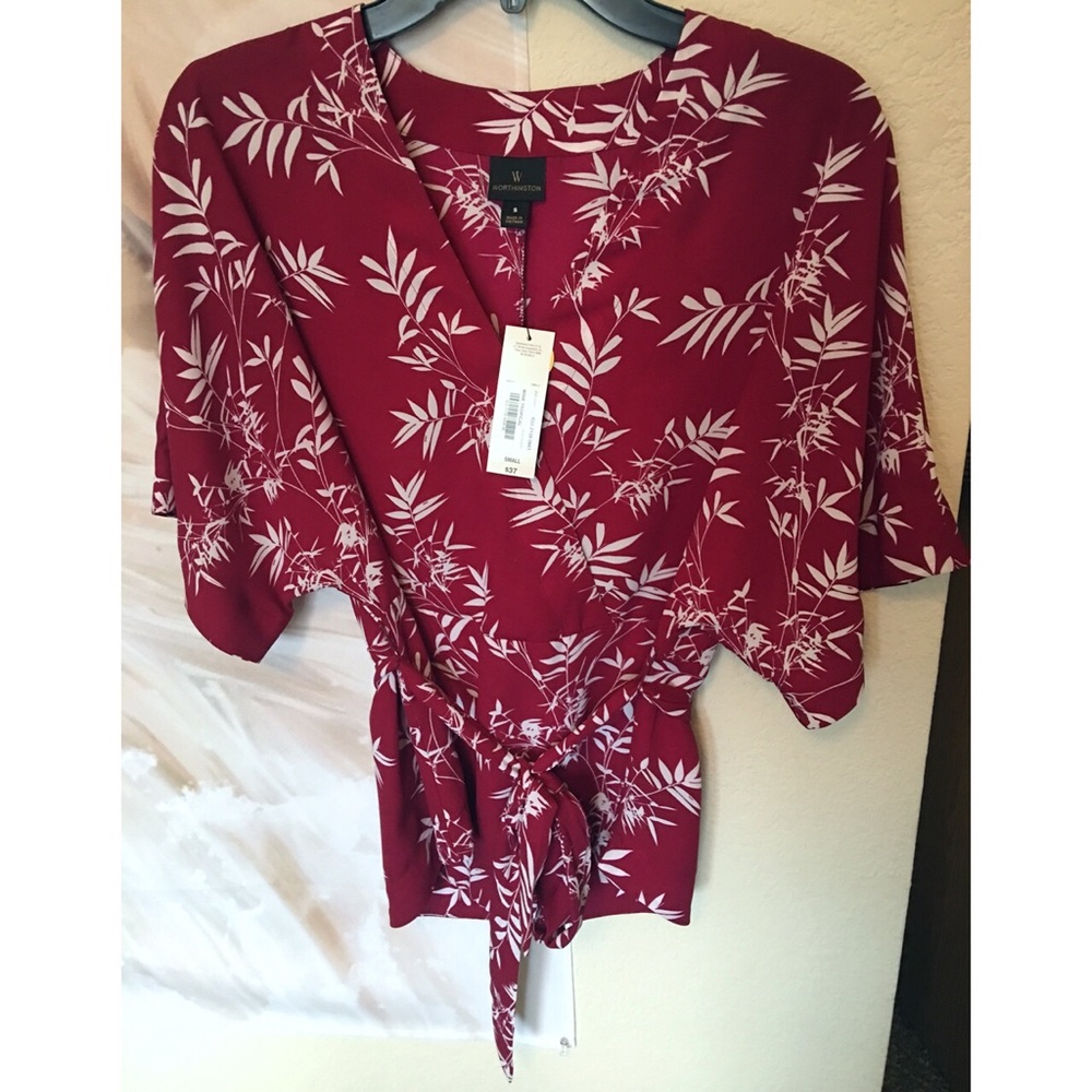 NWT | Kimono Tie Blouse | Wine | S | Worthington